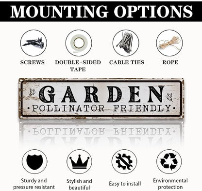 Garden Metal Tin Sign, Vintage Farmhouse Decor, Garden Pollinator Friendly, Gardening Wall Decor for Yard Fence Door Porch, Bee Butterfly Indoor Outdoor Gardens Decoration, 15.7 x 3.9 Inches