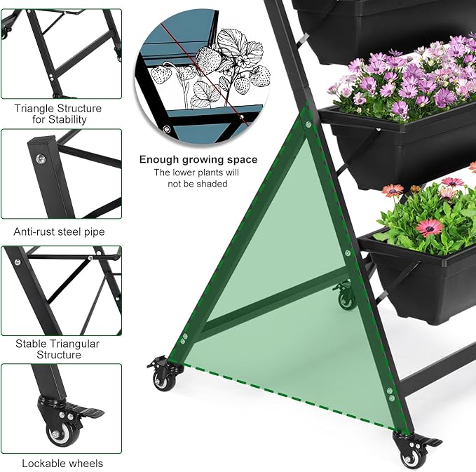 Outvita 4.4 FT Vertical Garden Bed Removable 5 Tier Elevated with 4 Wheels | Vertical Raised Planter, Black Raised Bed Box, Movable Vegetable Flower Planter for Patio Yard Indoor Outdoor