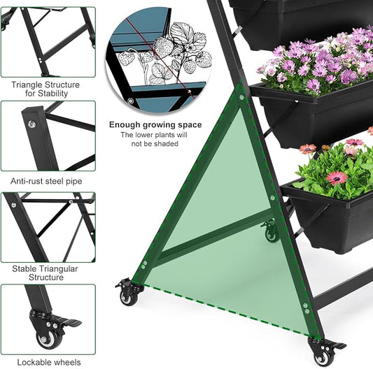 Outvita 4.4 FT Vertical Garden Bed Removable 5 Tier Elevated with 4 Wheels | Vertical Raised Planter, Black Raised Bed Box, Movable Vegetable Flower Planter for Patio Yard Indoor Outdoor