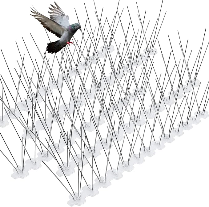 Bird Spikes Stainless Steel 100ft Coverage 93 Pack for Pigeons Small Birds Outdoor Use Bird Prevention Strips for Fence Woodpeckers with 304 Stainless Steel Pins and Plastic Base Not Rusty