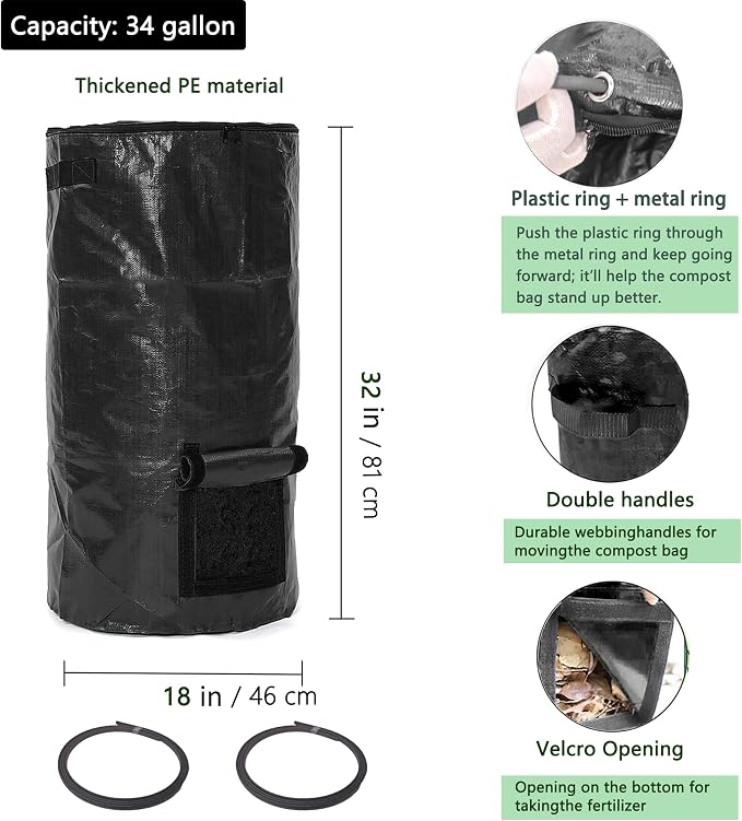 Compost Bin Bags 34 Gallon Garden Compost Bags Outdoor Reusable,Organic Waste Garden Yard Compost Bag Collapsible Leaf Lawn Bags Gardening Container (Black 4pcs)