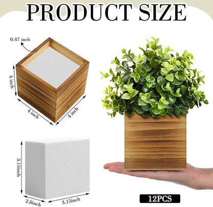 Suzile 12 Set 4 Inch Wooden Planter Box Flower Square vases for Centerpiece Rustic Cube Planter Box with Removable Foam Blocks Liner Square Vase Craft for Garden Home(Burn Wood Color)