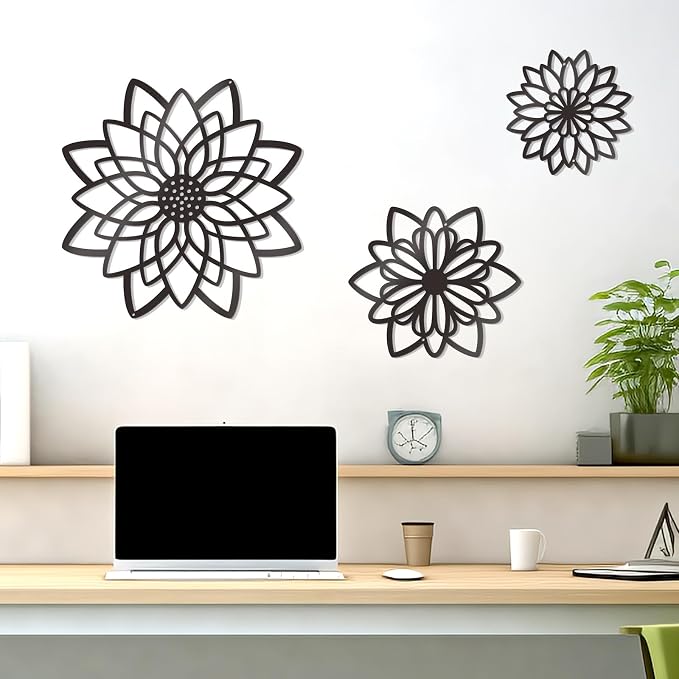 Zzbakress 3 Pcs Metal Flowers Wall Decor Black Wall Decor Metal Flower Art Farmhouse Wall Art Multiple Flowers Hanging Decor for Bathroom Living Room Kitchen Garden Office (Black Concise)