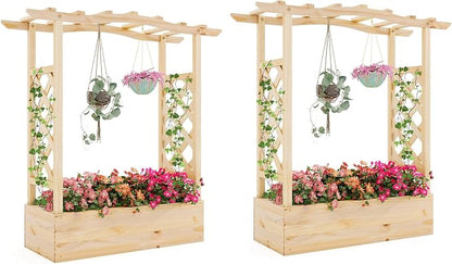HAPPYGRILL Raised Garden Bed with Trellis, 2 Wood Planter Box w/Hanging Roof, Drainage System, Elevated Garden Box for Climbing Vine, Outdoor Planter w/Trellis for Patio Balcony, 44" x 14" x 45"