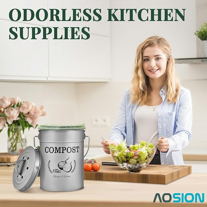 AOSION 1 Gallon Countertop Compost Bin for Kitchen with Lid,Odor Resistant | Farmhouse compost bin with charcoal filter,inner bucket and bags,easy kitchen food waste storage
