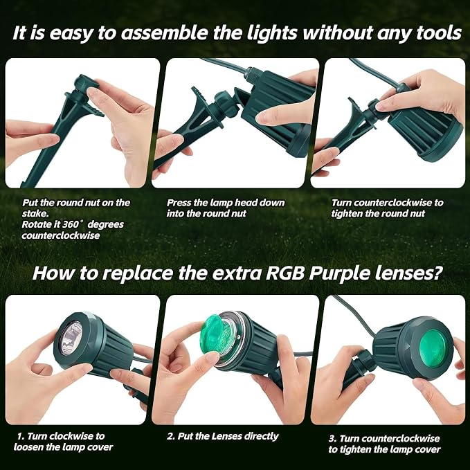 Spotlight Outdoor – 120V Plug-In, 6500K Cool White LED Landscape Lighting with RGB Purple 4 Color Lenses for Yard, Garden, Lawn & Tree Decor on Holidays&Everyday, IP67 Waterproof (2 Pack,Green)