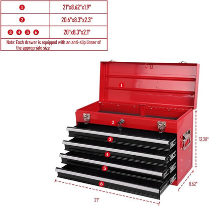4 Drawers Metal Tool Box, 21'' Portable Metal Tool Box with EVA Liners & Auto-Locking Mechanism, Heavy Duty Steel Tool Chest with Ball-Bearing Drawer Slides & Convenient Top Handle, Red&Black