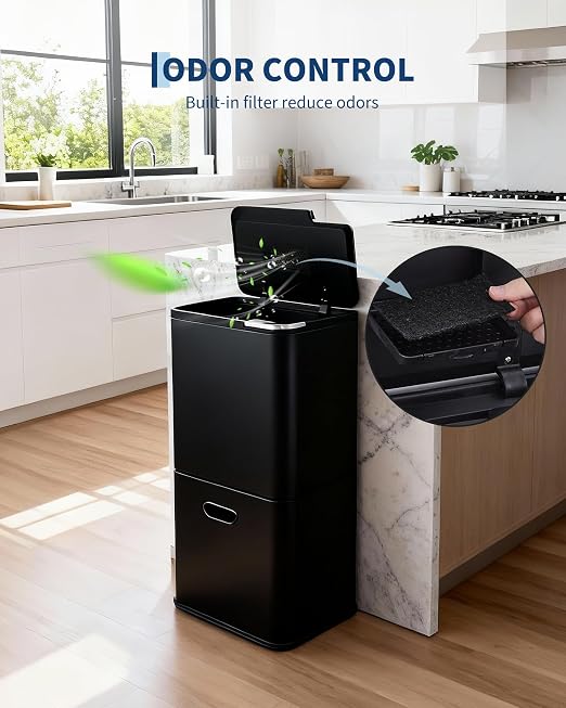 GarveeHome 16 Gallon Dual Trash Can for Kitchen, 2 Compartment Stainless Steel Garbage Can, 33L+28L Kitchen Recycling Bin with Compost Caddy, Removable Inner Bucket & Odor Control, Black