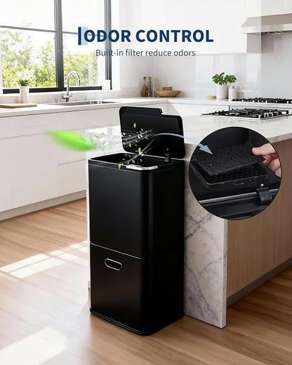 GarveeHome 16 Gallon Dual Trash Can for Kitchen, 2 Compartment Stainless Steel Garbage Can, 33L+28L Kitchen Recycling Bin with Compost Caddy, Removable Inner Bucket & Odor Control, Black