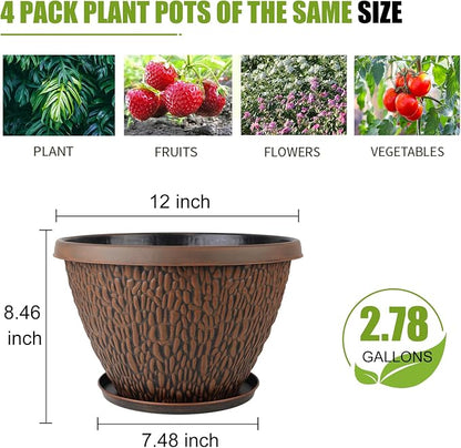 Nooulap 4 Pack 12 Inch Pots for Plants, Plastic Outdoor Flower Pots with Drainage Hole & Tray, Large Planters for Garden Porch Home Indoor Outdoor Decor - Pebbles Pattern Design Plant Pots