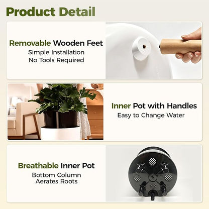 Bamworld Self Watering Pots for Indoor Plants with Water Level Indicator 8 inch Plant Pot Plastic Planter with Wooden Stand for Outdoor Plants Modern Décor for Porch Patio White Small