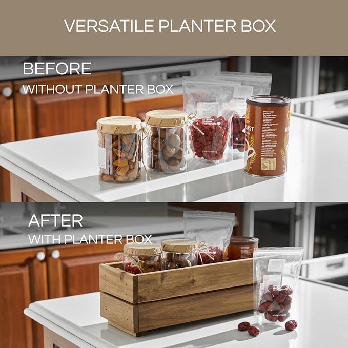THYOI Premium Wooden Planter Box, Storage Box 17" L x6 W x5.5 H with Crate Style, Acacia Wood Flower Container, Rustic Rectangle Planter for Planting, Decor and Storage - 3 Colors (Natural)
