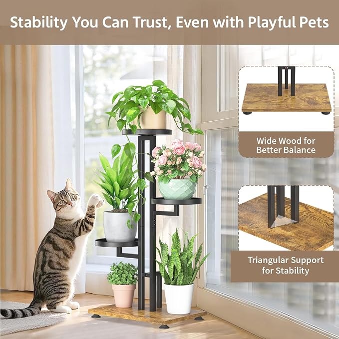 LASZOLA Black 3 Tiered Plant Stand Indoors Heavy Duty Metal Rack, Sturdy Multi Level Shleving Hold Flowers, Larger House Decorate Ladder for Planting Inside Tree Herb Cactus, Wooden Base, Space Saving