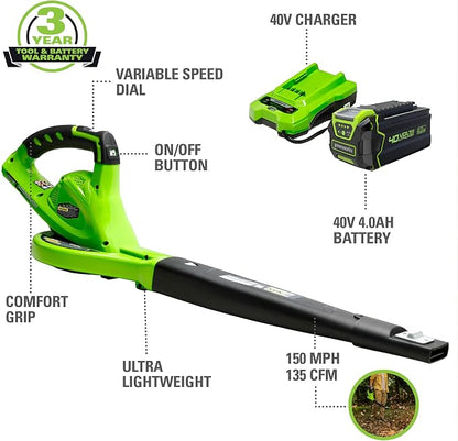 Greenworks 40V (150 MPH) Cordless Leaf Blower, 4.0Ah Battery and Charger Included 24212, 4Ah Battery & Charger, 40V String Trimmer