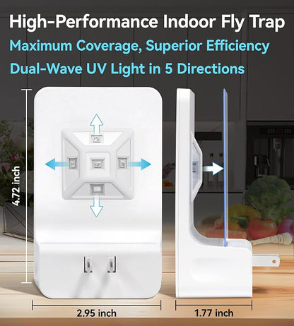 Advanced Double-Sided Indoor Fly Trap for Home, Plug-in 5-Way UV Light | Bug Catcher, Fly & Gnat Killer for House Flies, Gnats, Mosquitoes, Moths, Fruit Fly Traps for Indoors, 2 Traps 8 Refills
