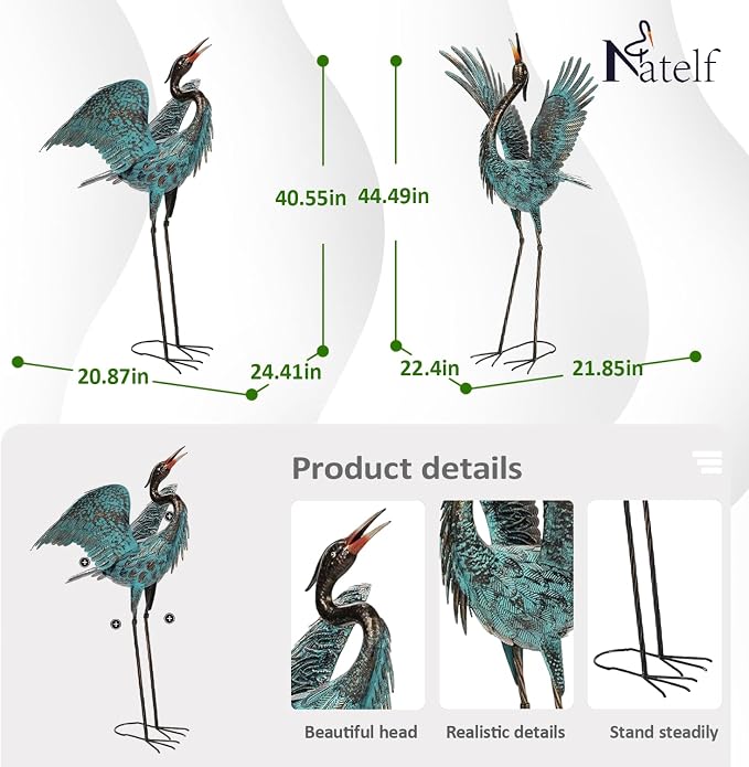 Natelf Garden Crane Sculptures & Statues, Blue Heron Decor Outdoor Large Bird Yard Art, Standing Metal Herons Lawn Ornaments for Home Patio Porch Backyard Decorations(Set of 2)