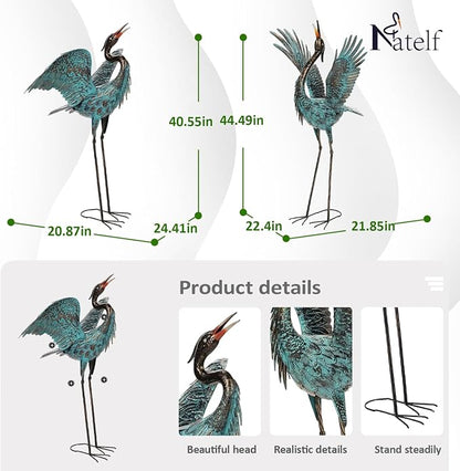 Natelf Garden Crane Sculptures & Statues, Blue Heron Decor Outdoor Large Bird Yard Art, Standing Metal Herons Lawn Ornaments for Home Patio Porch Backyard Decorations(Set of 2)
