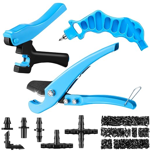 Feekoon Drip Irrigation Hole Punch Tool, 2 in 1 Drip Tubing Punch and Fitting Insertion Tool for 1/4 Inch Emitters, 16 20 25mm PE Pipe, Garden Repair(Blue,230 Irrigation Plugs)