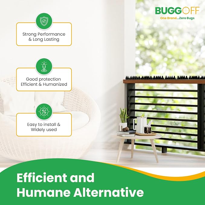 BUGGOFF - Bird & Rodent Spikes, Unique Spike Pattern effecitviely deteres Pesky Pigeons, Squirrels, Raccoons. Installs on Fences, Gates, Roofs, Walls and More! (13 Feet, Black Plastic)