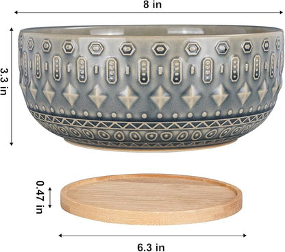 8 Inch Ceramic Succulent Planter Pots with Drainage Hole Flower Pot for Indoor Plants Round Shallow Bonsai Pot with Bamboo Tray Blue