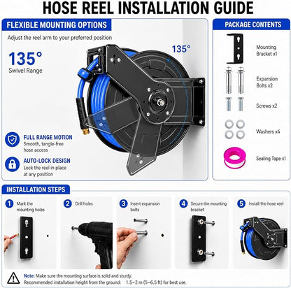 Heavy Duty Retractable Air Hose Reel, 1/2 IN x 50 FT Hybrid Air Hose, Max 300PSI Air Compressor Hose Reel with Auto Rewind, Ceiling/Wall Mount Single Arm Premium Steel Reel for Garage Workshop