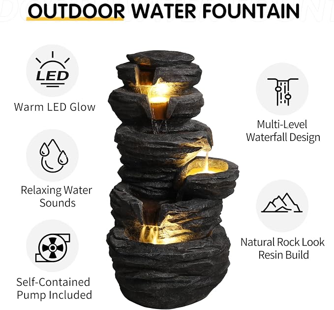 25.6" Outdoor Rock Water Fountain, Garden Water Feature, Outdoor Fountain with LED Lights, Multi Tier Cascading freestanding Water Fountain, Suitable for Patio Yard Porch Landscape, Black