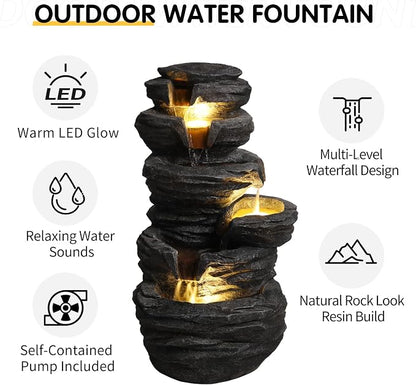 25.6" Outdoor Rock Water Fountain, Garden Water Feature, Outdoor Fountain with LED Lights, Multi Tier Cascading freestanding Water Fountain, Suitable for Patio Yard Porch Landscape, Black
