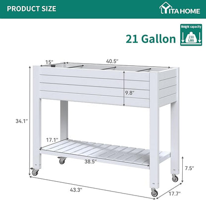 YITAHOME 43.3x17.7x34 in Elevated Garden Bed, Outdoor Plastic Planter Box with Wheels, Legs, Drain Plug, and Storage Shelf for Plants, Vegetables, Flowers, Herbs, Grayish-White