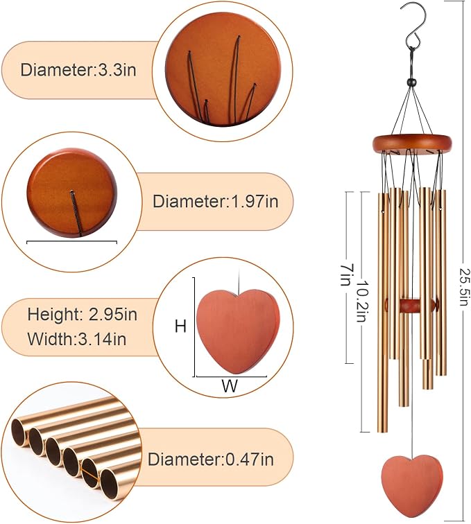 Wind Chimes for Outside – 25.5" Aluminum Windchimes Outdoors for Garden, Patio Decor, Memorial Gifts for Mom, Sympathy Gift for Loss of Loved One, Sister Gifts for Birthdays, Mother's Day(Gold)