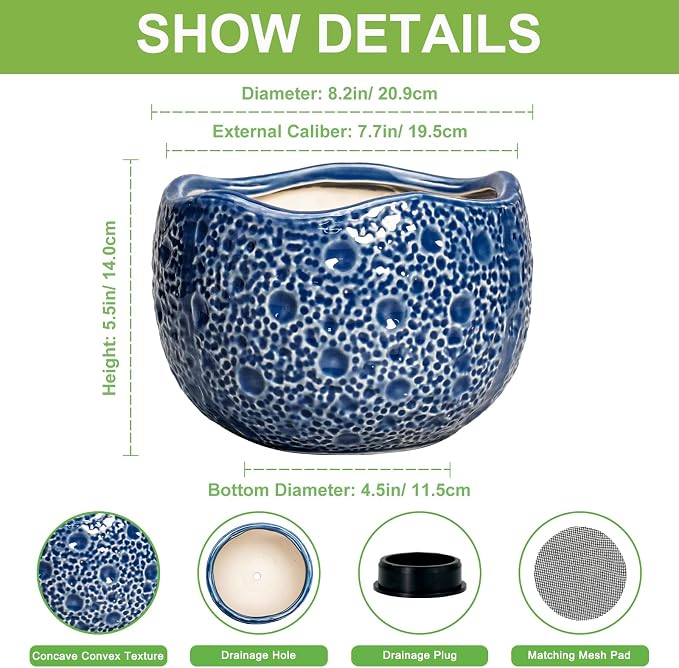 Ceramic Pots for Plants - 8 Inch Round Planter with Drainage Hole, Round Decorative Plant Pots for Indoor Outdoor, Modern Unique Flower Pot, House Living Room Decor, Home Gifts, Blue