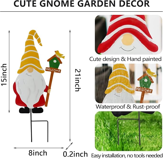 Garden Gnomes Decorative Stakes, 3-Piece Metal Silhouette Elf Decor | Outdoor Iron Yard Silhouettes Set, Waterproof Weather Resistant Elf Lawn Ornaments for Patio Porch Wall Decoration