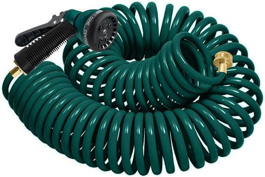 Coil Hose 75FT EVA Coil Garden Hose With 3/4'' Brass Connector Coiled Water Hose Lightweight And No Kink Includes 7 Patterns Spray Nozzle For Outdoors Lawn Watering Car Washing