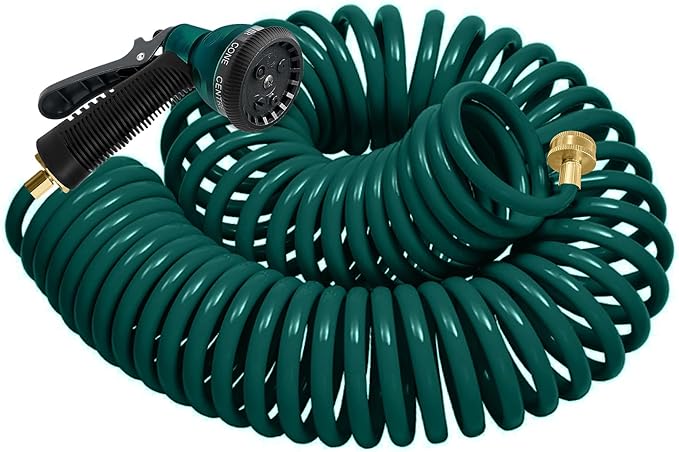 Coil Hose 50FT EVA Coil Garden Hose With 3/4'' Brass Connector Coiled Water Hose Lightweight And No Kink Includes 7 Patterns Spray Nozzle For Outdoors Lawn Watering Car Washing