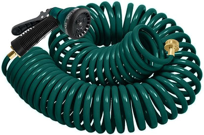 Coil Hose 50FT EVA Coil Garden Hose With 3/4'' Brass Connector Coiled Water Hose Lightweight And No Kink Includes 7 Patterns Spray Nozzle For Outdoors Lawn Watering Car Washing