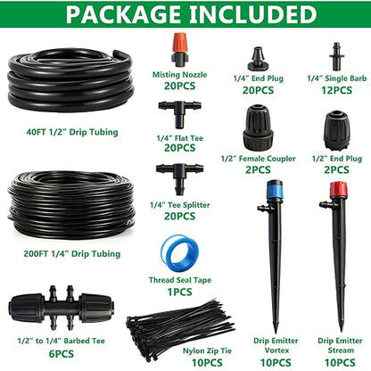 135PCS 240FT Drip Irrigation System Set, Automatic Drip Irrigation Kit for Greenhouse, Yard, Lawn, Plant, with 1/2 inch Hose, 1/4 inch Distribution Tubing and Accessories