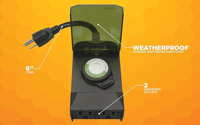 Woods 50011 Outdoor 24-Hour Plug-in Mechanical Timer with 2 Grounded Outlets; Energy Saving; Quick Tool Free; Weatherproof Housing; Programmable Settings; 6-Inch Cord; Black | (Pack of 6)