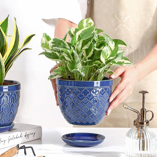 Sureasy Ceramic Indoor Plant Pots - 5.6 Inch Flower Pots for Plants with Drainage Hole and Saucer, Embossed Planter for Succulents, Orchid, Cactus, Indoor Home Decor, Set of 4, Blue