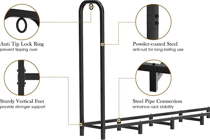 Gtongoko 8ft Heavy Duty Metal Firewood Rack Outdoor Indoor Adjustable Fire Wood Holder Rack for Fireplace, Log Racks for Firewood Outdoor, Wood Pile Storage Organizer, Black