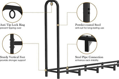 Gtongoko 8ft Heavy Duty Metal Firewood Rack Outdoor Indoor Adjustable Fire Wood Holder Rack for Fireplace, Log Racks for Firewood Outdoor, Wood Pile Storage Organizer, Black