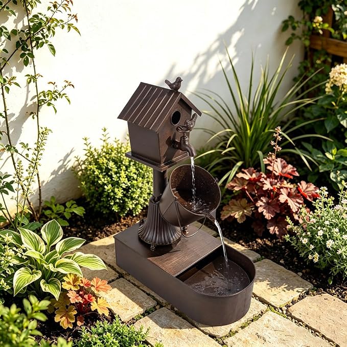 Metal Outdoor Garden Fountain 27" Soothing Water Flow | Rustproof Garden Water Features with Pumb & Debris Filter Screen, Heavy Duty Birdhouse Waterfall for Outside Patio Yard Porch