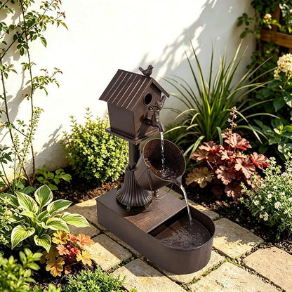 Metal Outdoor Garden Fountain 27" Soothing Water Flow | Rustproof Garden Water Features with Pumb & Debris Filter Screen, Heavy Duty Birdhouse Waterfall for Outside Patio Yard Porch