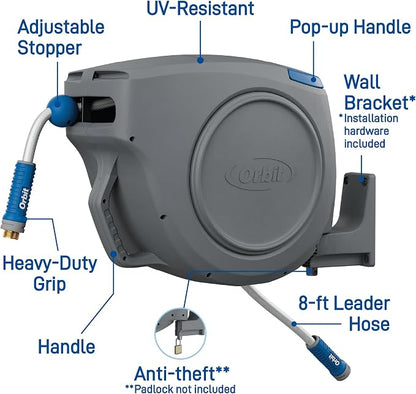 Orbit Auto-Retractable Garden Hose Reel - 100 ft x 5/8 in | Heavy-Duty, 180° Swivel Mount, 500 PSI Burst Strength - 28263