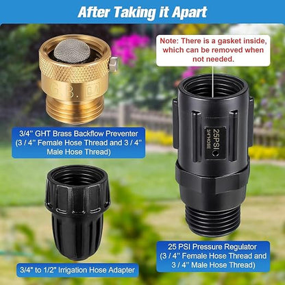 Feekoon 3 Set 25 Psi Drip Irrigation Faucet Adapter Kit 1/2'' Irrigation Tubing to 3/4'' Faucet Water Pressure Regulator Backflow Preventer with Filter, Drip System Parts