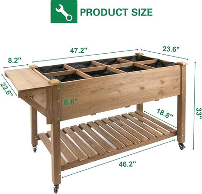 Gowoodhut Raised Garden Bed with Wheels, Wood Elevated Garden Box with W-Connection Tabs，for Vegetable, Flower, Herb, Large Storage Shelf, Easy to Assemble, 55.5x24x32in