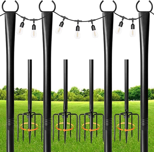MuliVid 4 Pack String Light Poles for Outdoor,Metal Light Hanging Pole Outside with Fork,Light Stand for Patio, Pergola, Garden, Backyard, Yard, Camping Party (4 Pack)