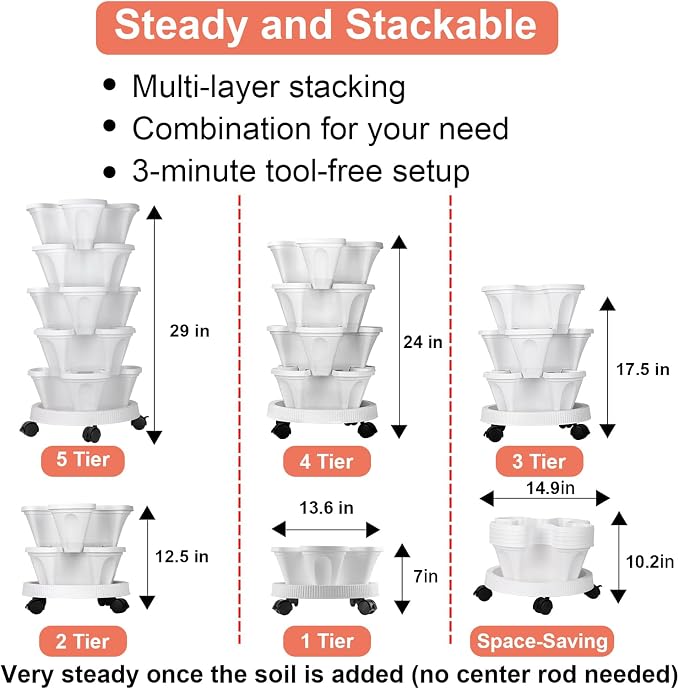 GameXcel Vertical Planter, 5 Tier Stackable Strawberry Planter with Garden Tool Set, Movable Indoor/Outdoor Garden Herb Pot for Growing Vegetables and Succulents, White