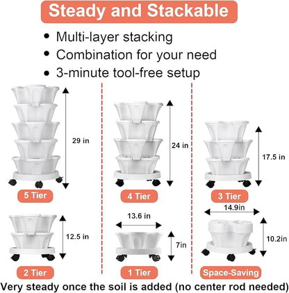 GameXcel Vertical Planter, 5 Tier Stackable Strawberry Planter with Garden Tool Set, Movable Indoor/Outdoor Garden Herb Pot for Growing Vegetables and Succulents, White