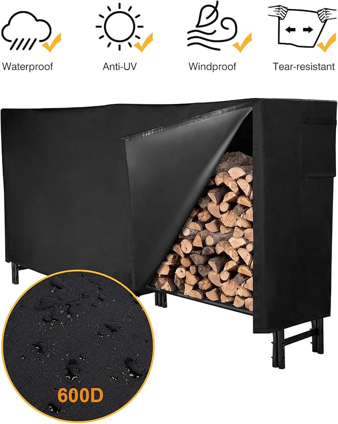 GASPRO 8FT Firewood Rack Outdoor with Cover, Adds Sturdy Middle Upright, Heavy Duty Steel Log Rack Wood Holder, Easy to Assemble