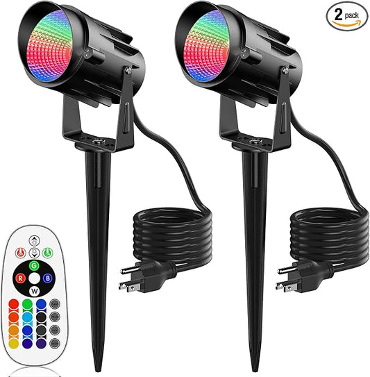 Outdoor Spotlights RGBW Led Lights, 12W Color Changing Landscape Lighting for Garden House Tree, 120V Waterproof Outdoor Spot Lights for Yard with Remote Control (2 Pack)