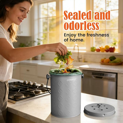 AOSION Countertop Compost Bin Kitchen,Odorless Indoor Compost Bin with Lid | 1 Gallon Composter Container,Removable Inner Bucket,50 Compost Bags,2 Carbon Filters,ideal for food scraps,coffee grounds
